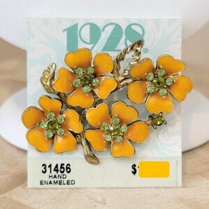 Vintage 1928 Yellow Floral Enamel Brooch – Hand Enameled with Green Rhinestones
